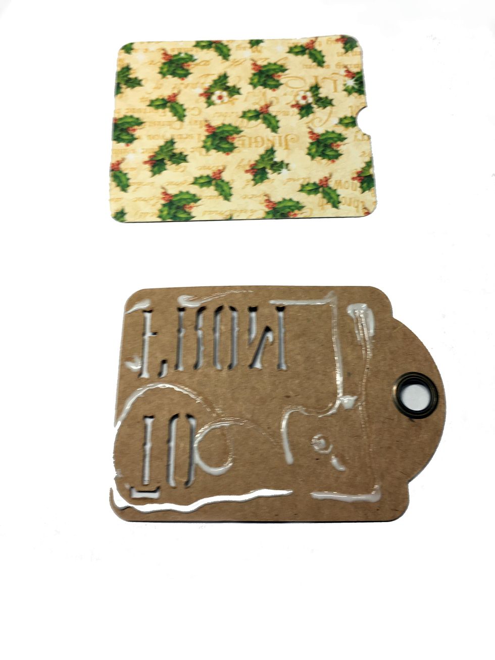 Apply glue to the backside of the tag.