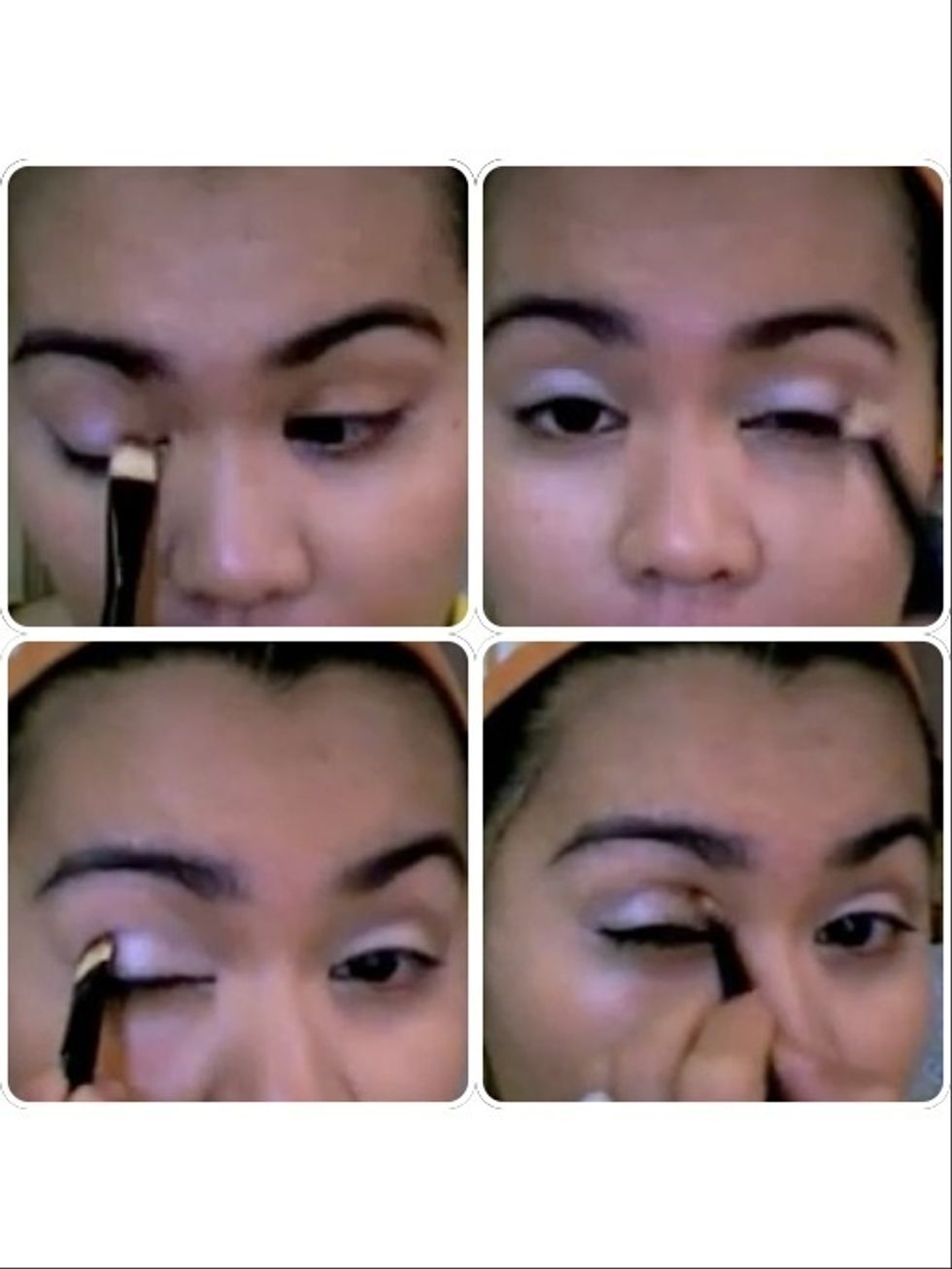 Apply light iridescent pinky white all over lids. Along crease area apply any dark eyeshadow using a crease brush or flat brush that can emphasize or give dimension to your eyes.