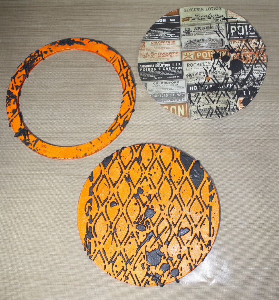 Apply mixed modeling paste through stencil with random spacing for more grungy effects.