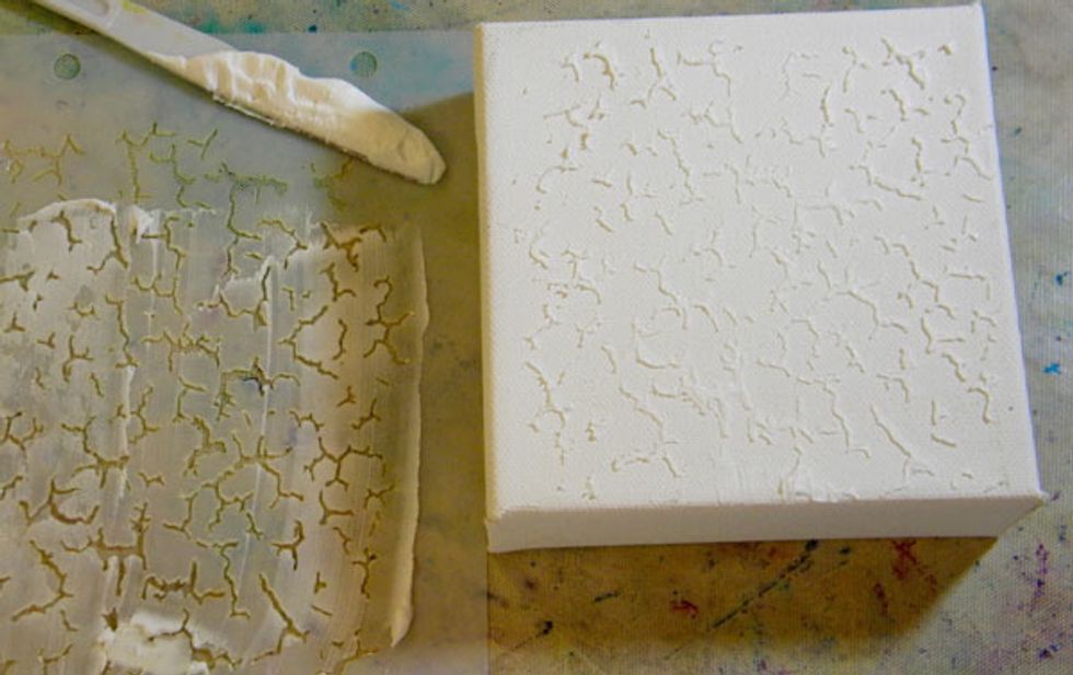 Apply Mud through the Crackle Stencil to the surface of the canvas. Let it dry completely.
