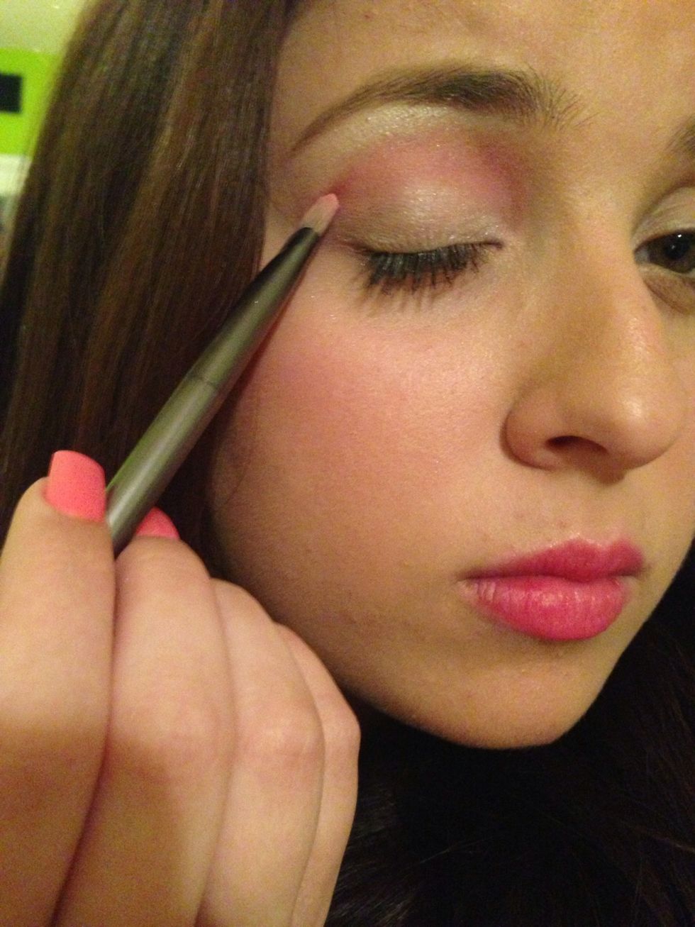 Apply pink shadow or blush to middle crease, to make brighter pink I used blush