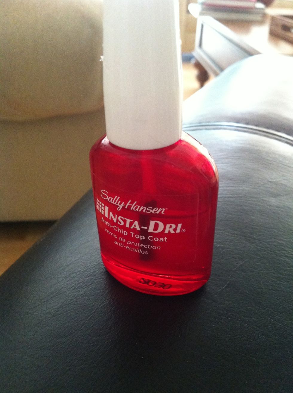 Apply Sally Hansen Insta-Dri Anti-Chip Top Coat thinly. Wait at least five minutes before doing anything. The bottle claims that this polish dries in 30 seconds but your polish can still chip!