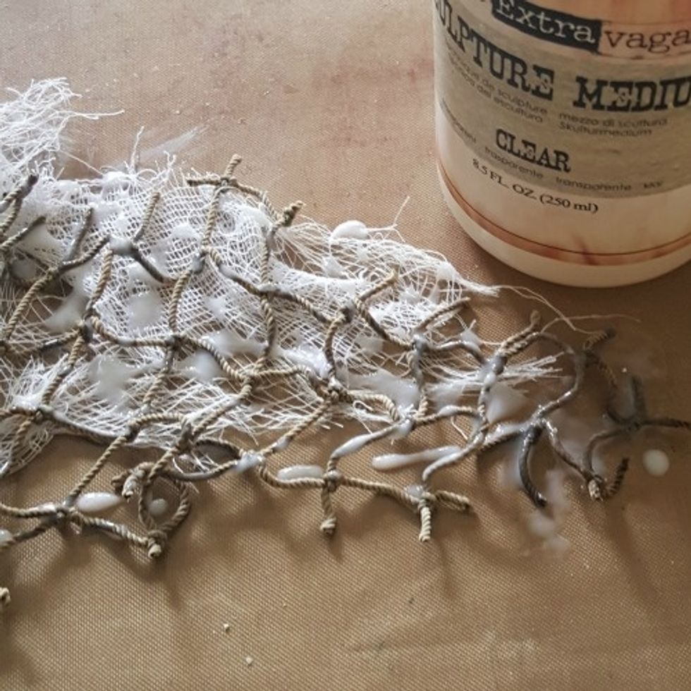 apply sculpture medium to the cheesecloth and fish netting, it hardens as it dries