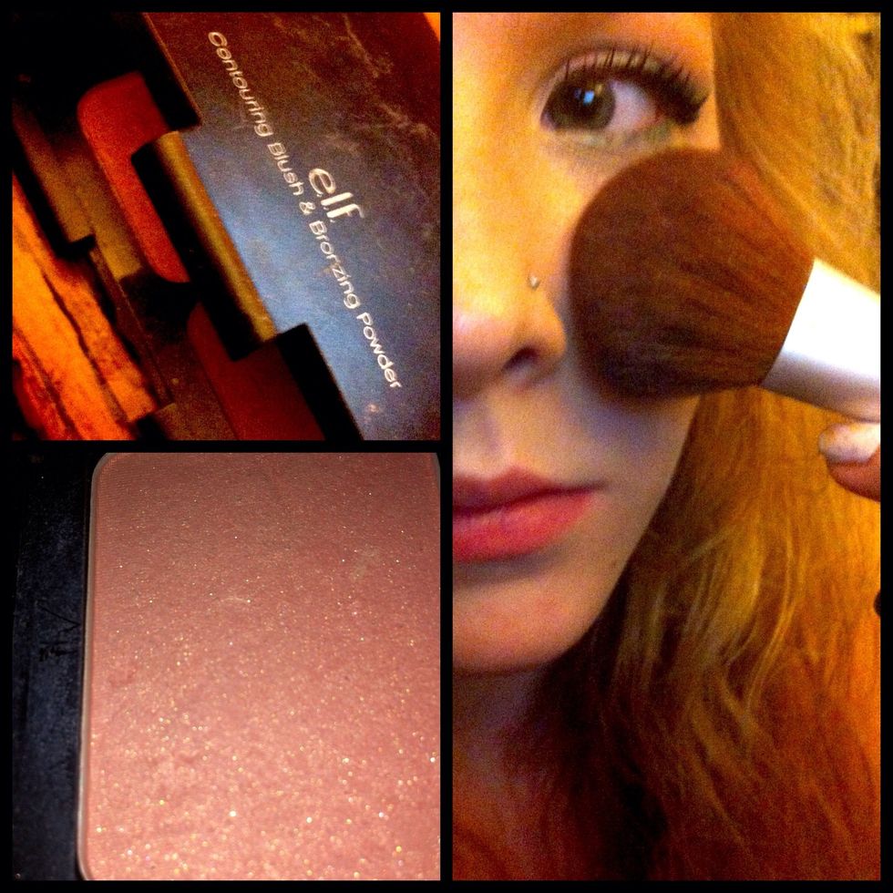 Apply shimmery, light, peachy blush to upper inner corners of the cheeks blending into the darker blush. This catches the light and highlights cheek bones, defining your face and making you glow.