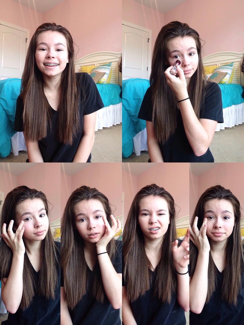 Apply some under-eye concealer. This should be applied in a slight "v" shape under your eye so the lighter color slightly mix with your natural skin color while still giving maximum coverage.