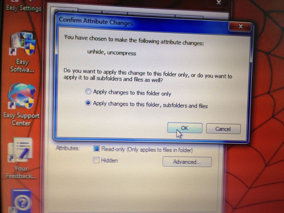 Apply the changes to the folder and its sub folders and files