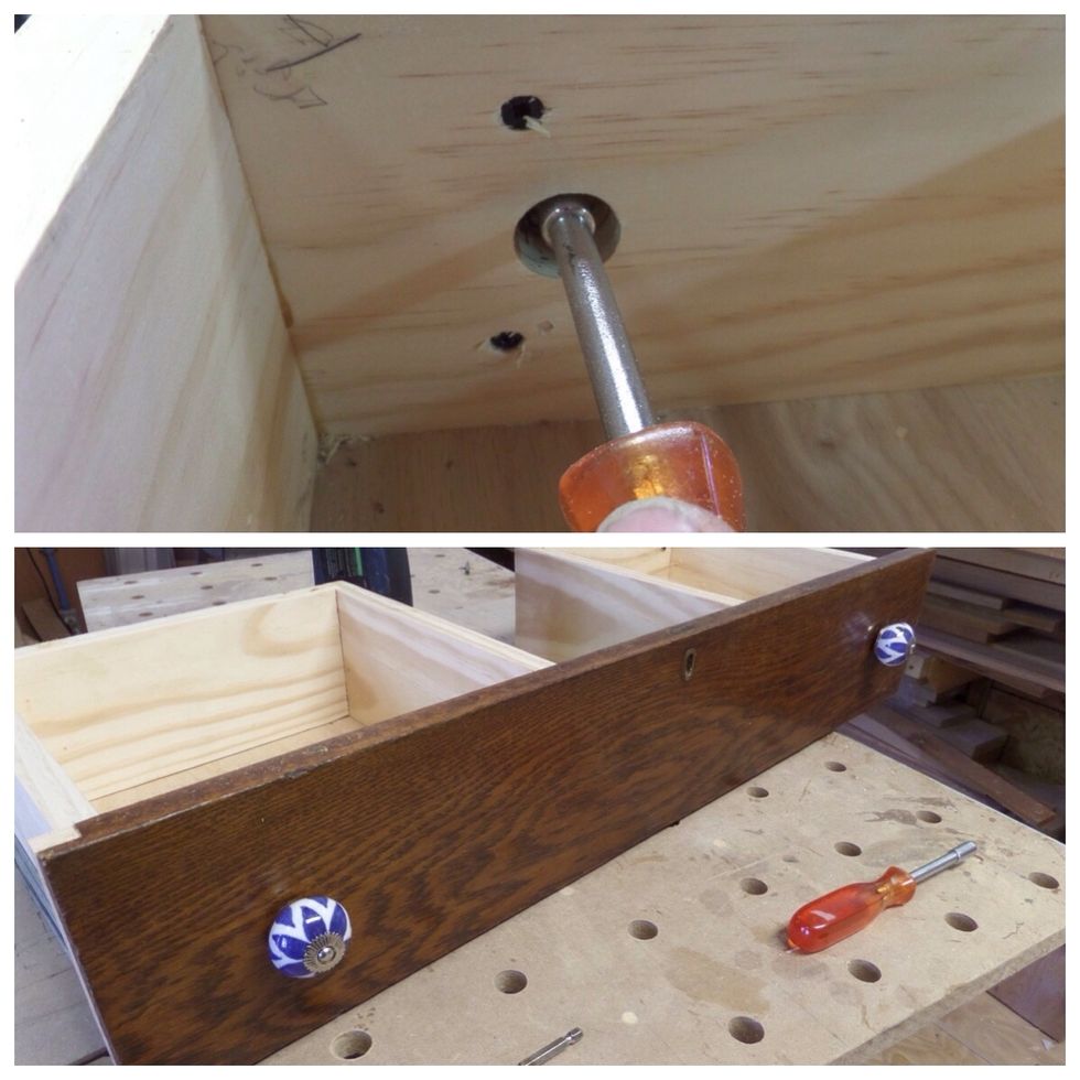 Apply the knobs to the drawers and stain the filler blocks on sides of drawer fronts.