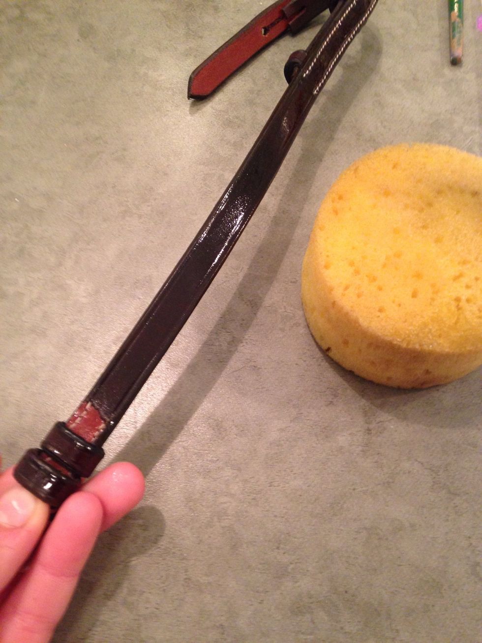 Apply the oil lightly and evenly. (Just a note, only use olive oil on your tack once every few months/a few times a year. Oiling too often will leave a residue)