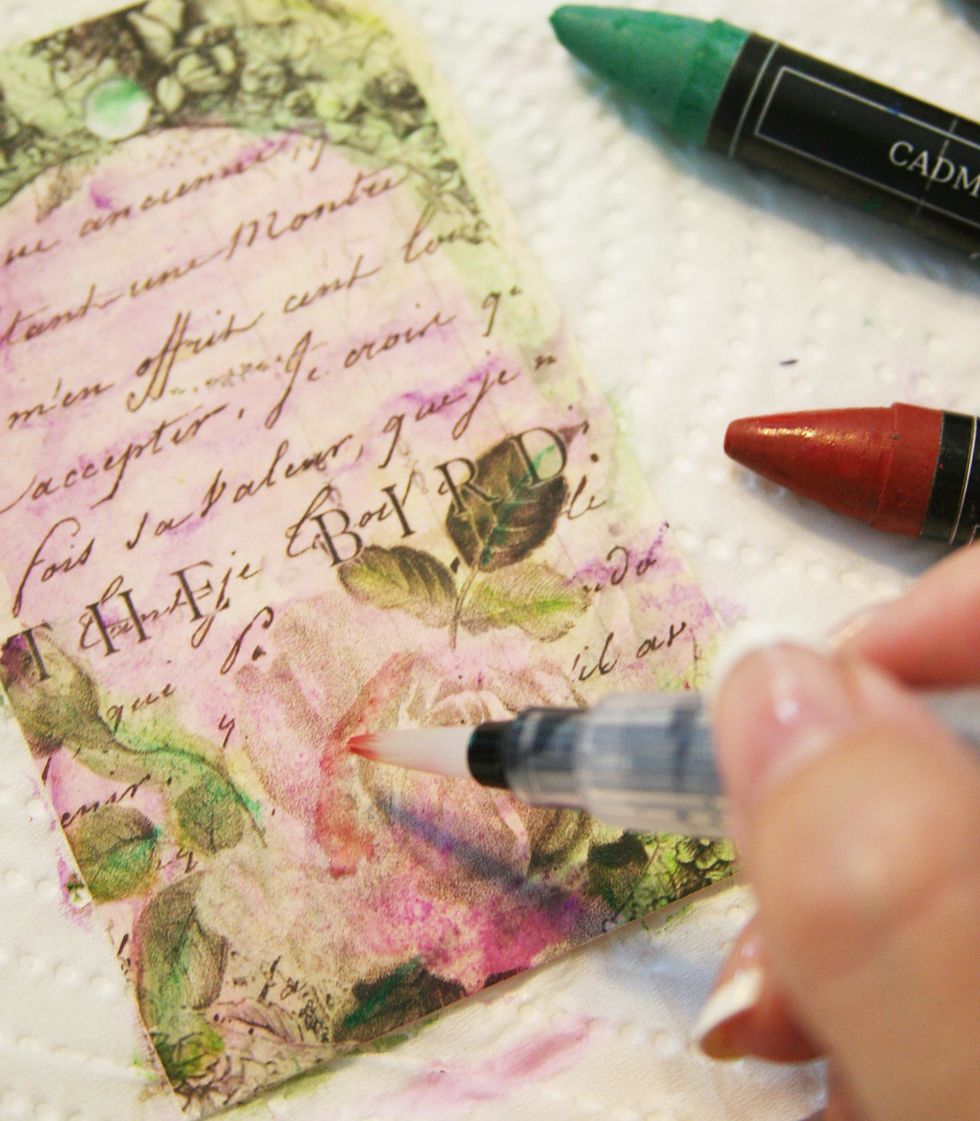 Apply to tag where you want more contrast & depth. Colors will continue to blend easily every time water reactivates them. When done playing, dry tag. (Add clear gesso on top if you wish to seal it.)