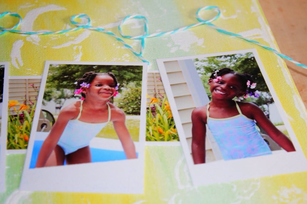Apply twine to canvas in whimsical pattern using photos as a guide.