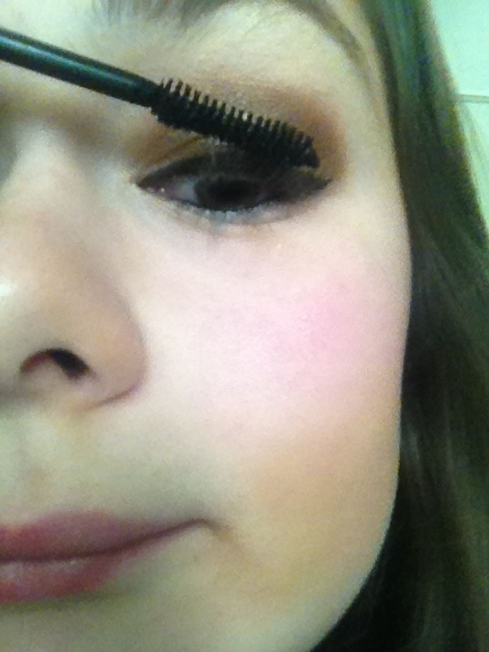 Apply two coats of any mascara you prefer. I use Nyx Doll Eye. It's a great black waterproof mascara. :)
