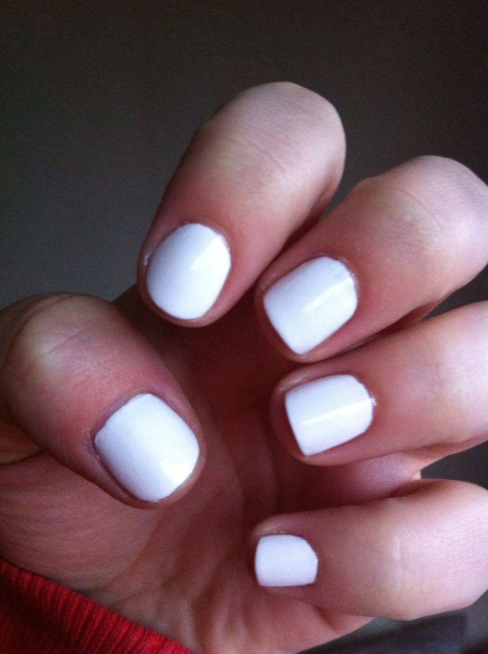 Apply two coats of white nail polish and let it dry completely. I waited for like an hour before using the scotch tape.