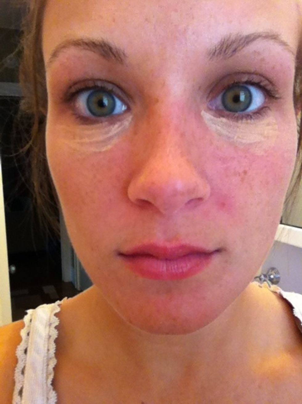 Apply under eye  concealer. I love Almay Wake Up in "light/medium" it has a gentle cooling sensation