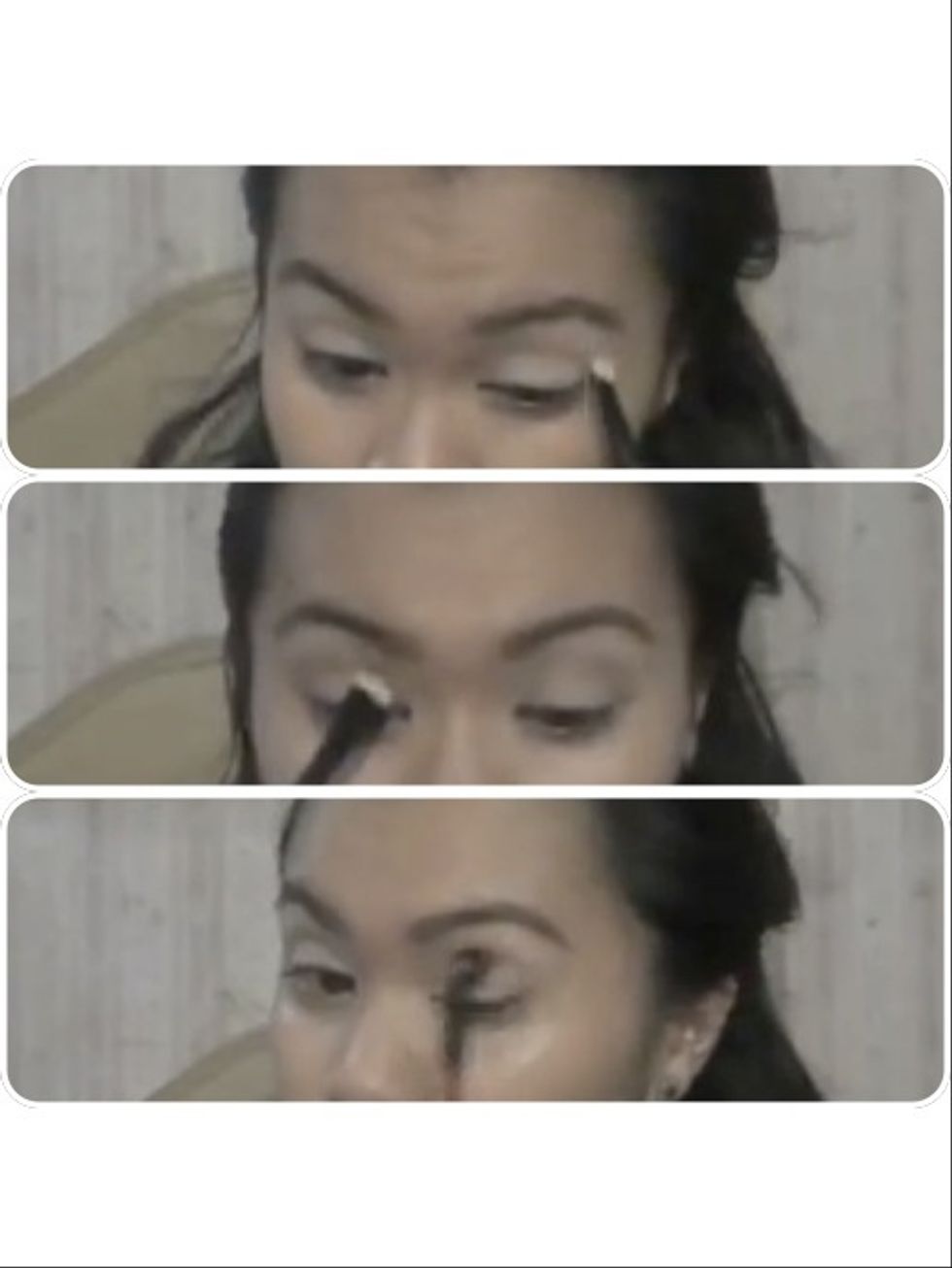 Apply white e/s all over lid up to the brow bone. Using a crease brush or (flat brush) run the mocha brown e/s along the crease line. Feather out w/a fluffy brush.