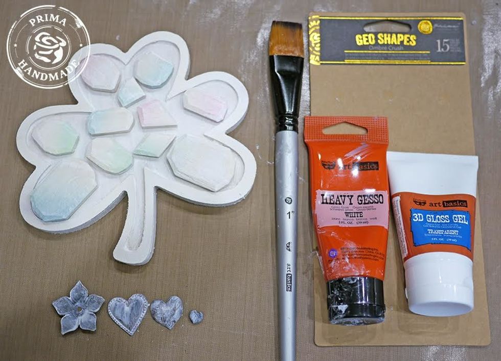 Apply white gesso to wooden shamrock, all embellishments, and photo frame.