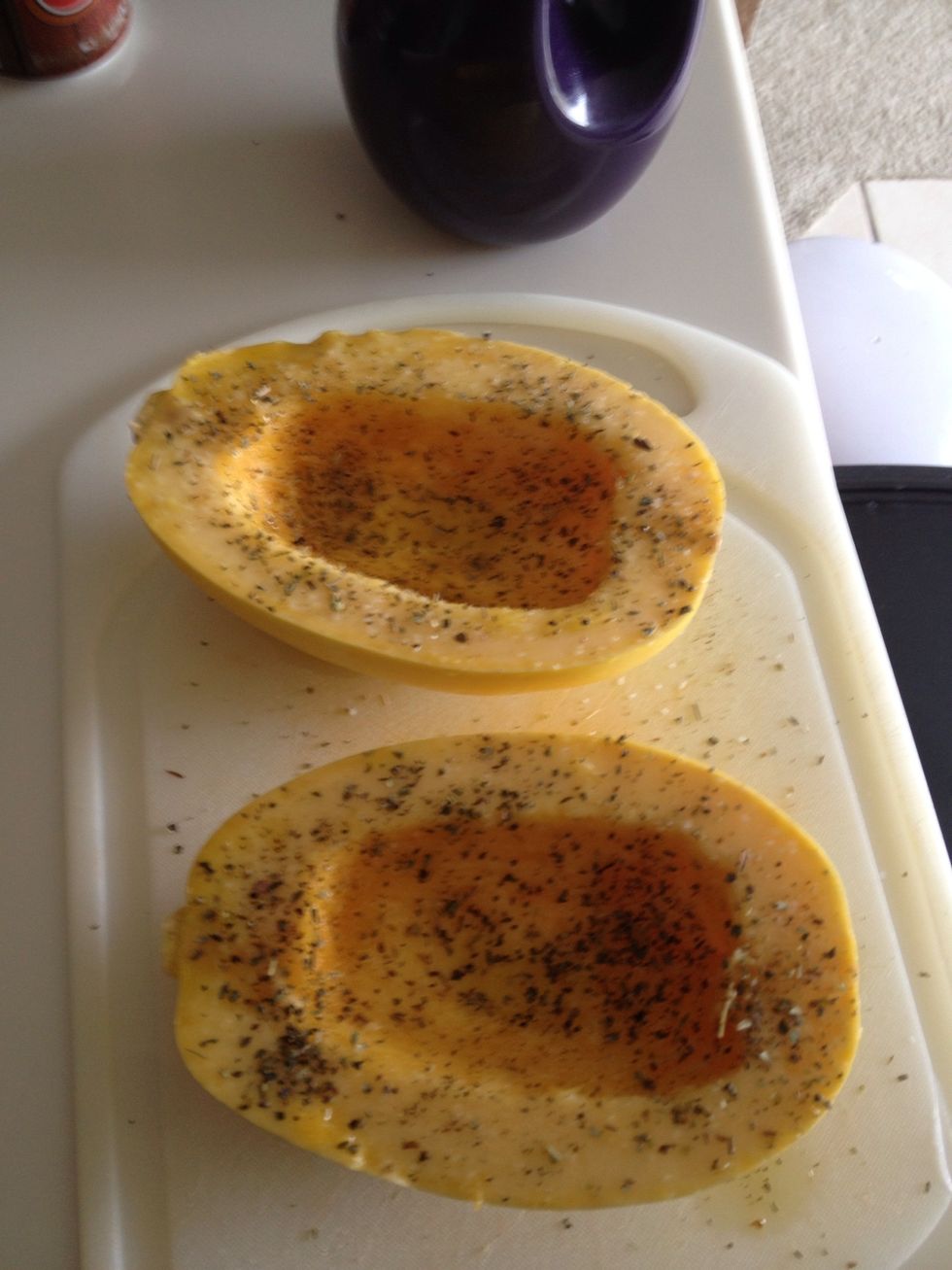 Apply your seasonings. I used basil and oregano because I'm using spaghetti squash in place of spaghetti.