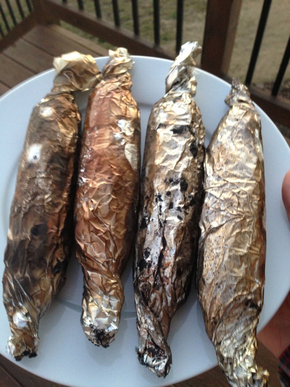 Approx 20-30 mins later they're ready! * time will vary based on heat level and proximity to coals.