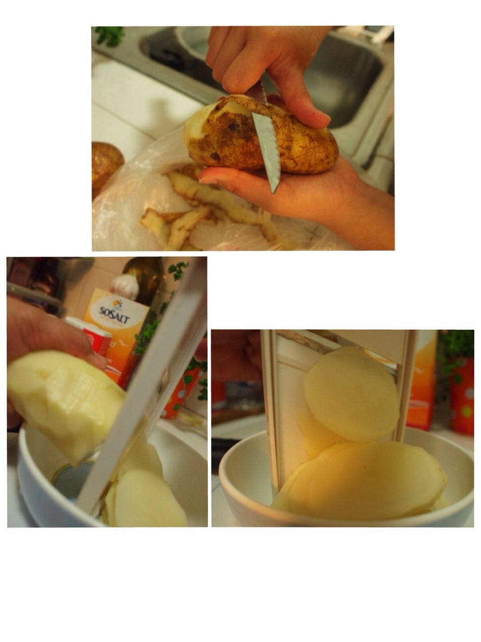 Apr\u00e8s, peler les pommes des terres et couper en tranches