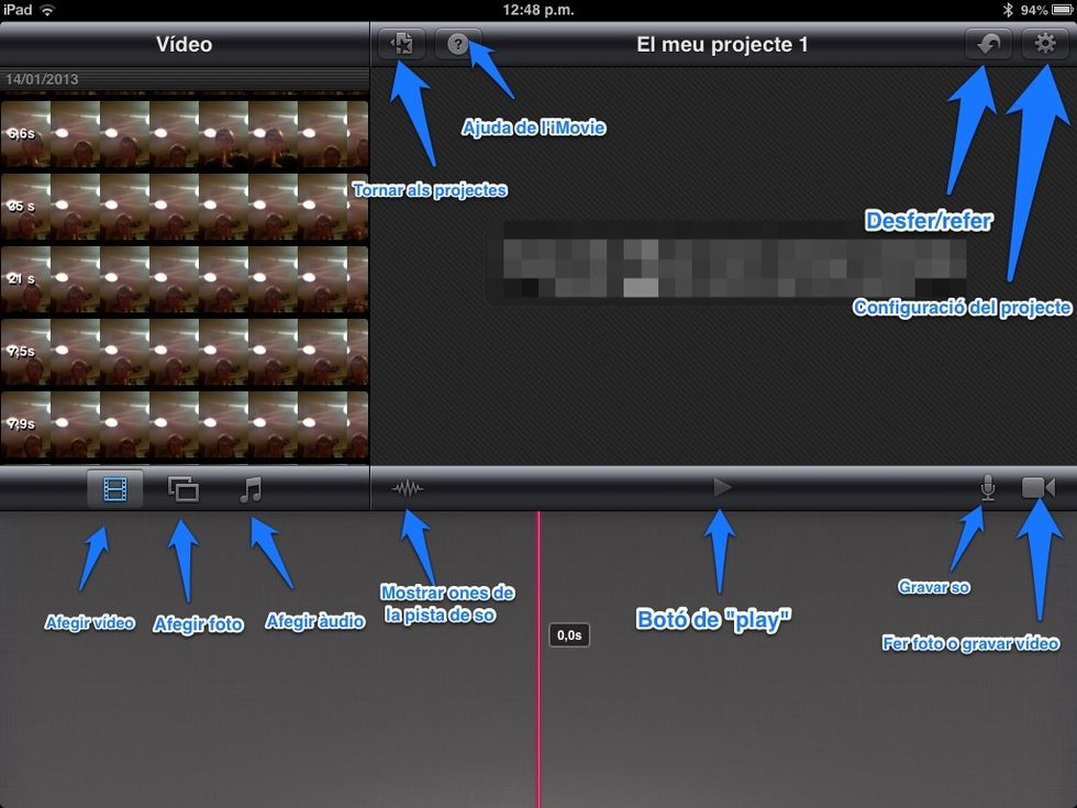 Aquestes s\u00f3n les d'iMovie. Inserir v\u00eddeo i foto des del rodet, inserir \u00e0udio, des de M\u00fasica o des de l'aplicaci\u00f3, gravar so, fer foto/v\u00eddeo, desfer l'\u00faltima acci\u00f3 i refer-la fent tap m\u00e9s estona...