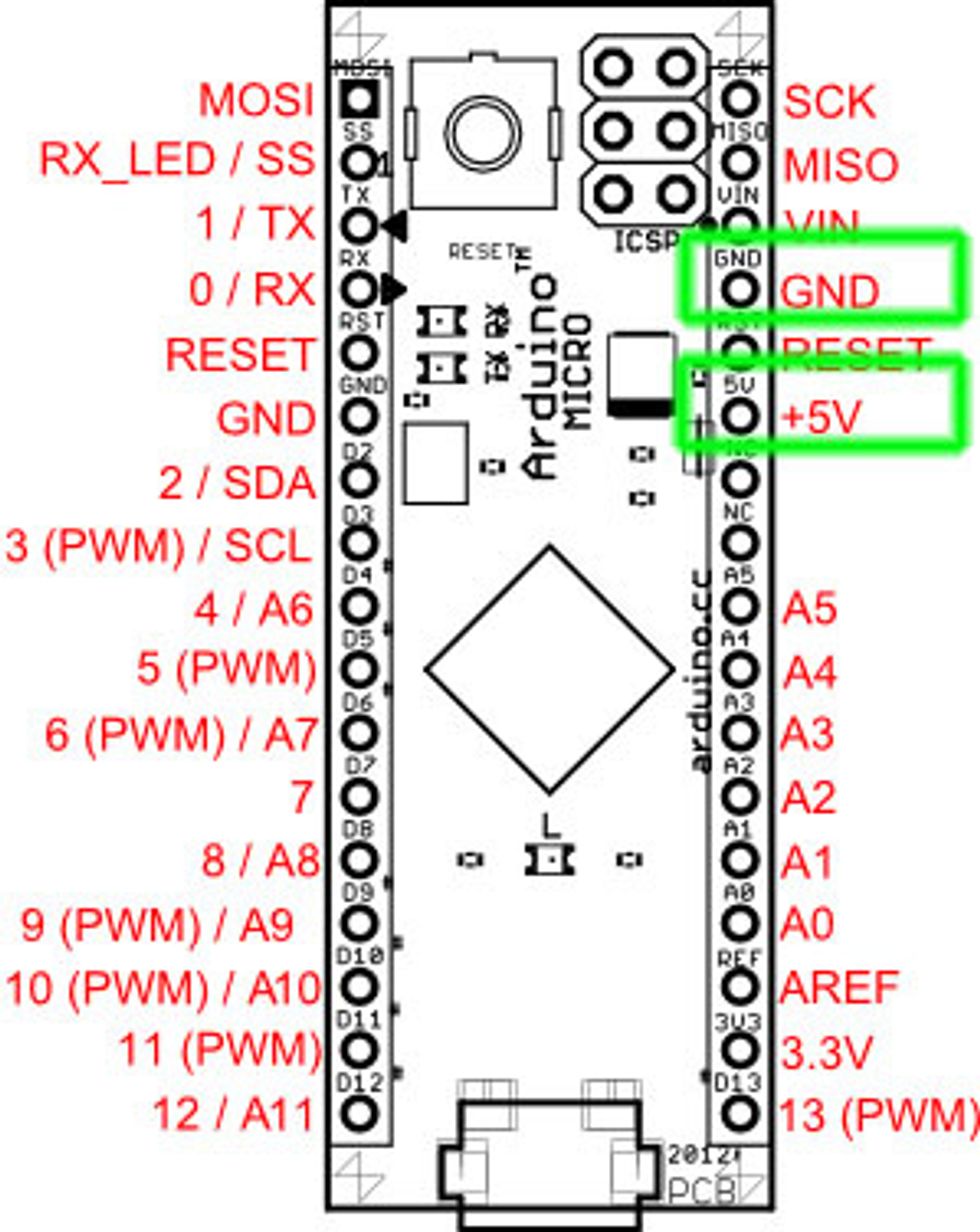 Arduino Micro\u306e+5V\u3068GND\u3092\u3001\u30b3\u30cd\u30af\u30bf\u306b\u63a5\u7d9a\u3057\u307e\u3059\u3002GND\u306f\u8907\u6570\u3042\u308a\u307e\u3059\u304c\u3001\u3069\u3053\u3067\u3082\u540c\u3058\u3067\u3059\u3002\u6b21\u30da\u30fc\u30b8\u3067\u306f\u5199\u771f\u3067\u8aac\u660e\u3057\u307e\u3059\u3002