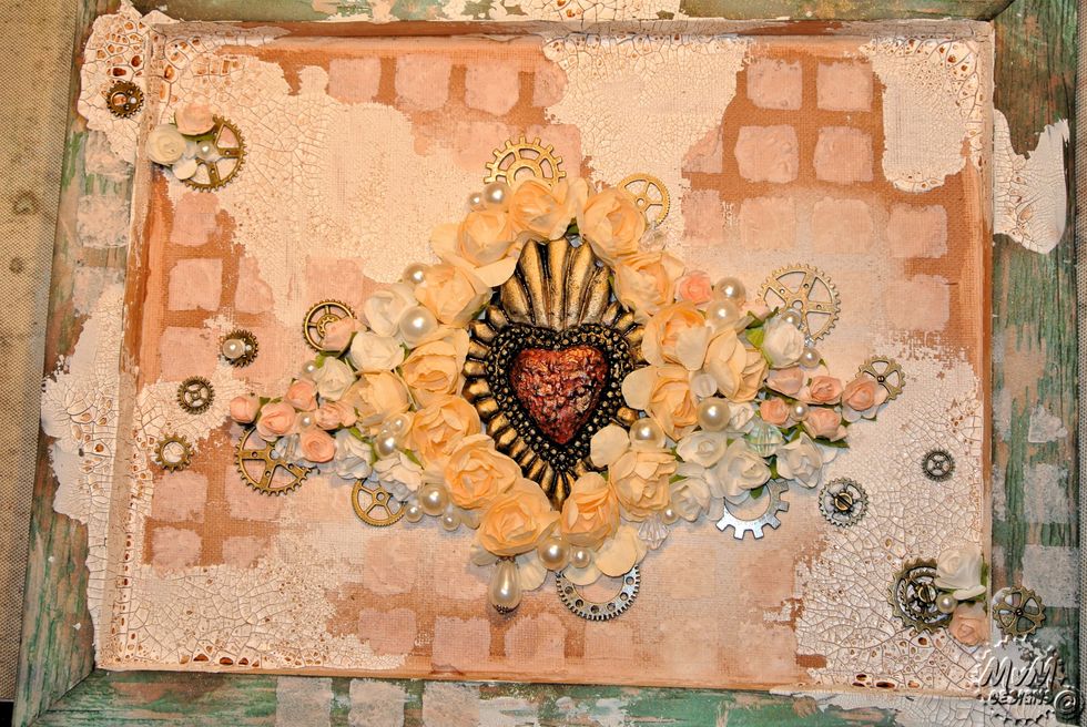 Arrage everything on the canvas and stick it on with the 3D gelmedium