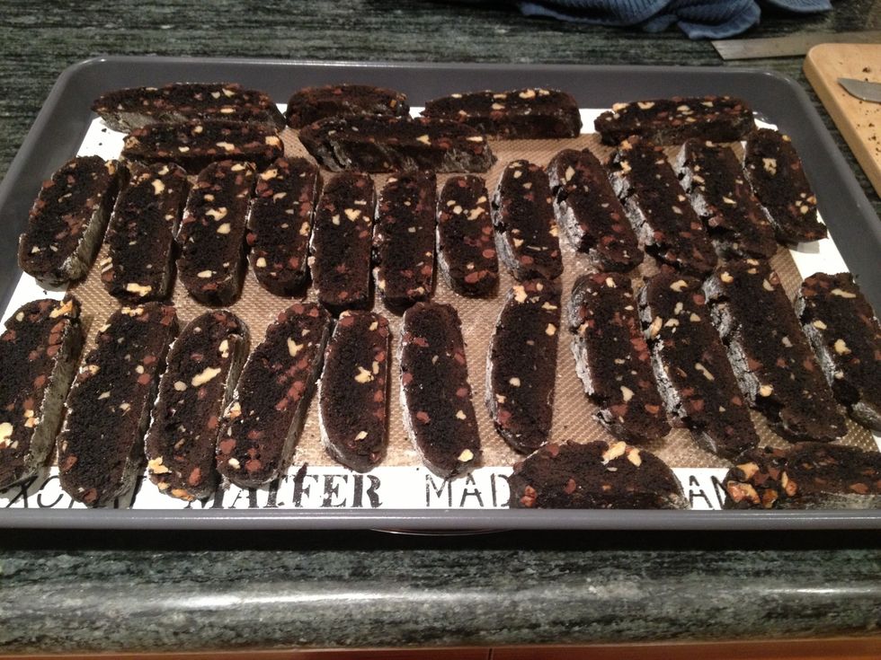 Arrange biscotti, cut sides down, on baking sheet.