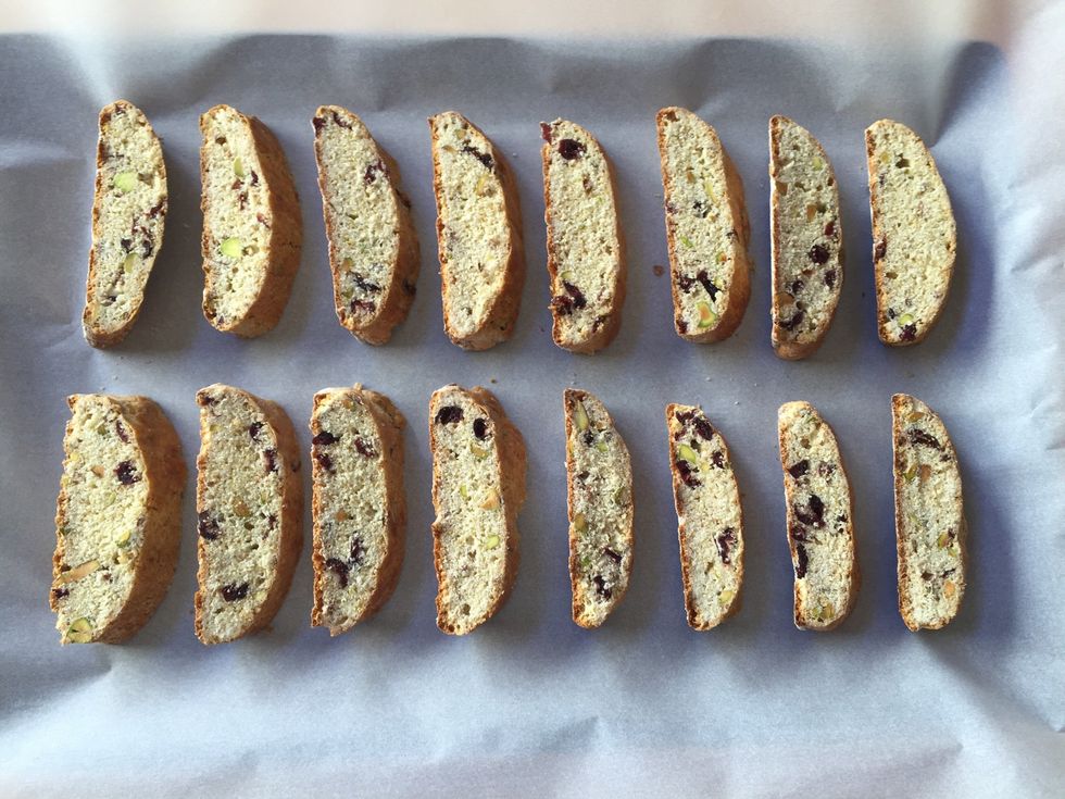 Arrange biscotti on parchment-lined baking sheet and bake for 20 minutes, flipping halfway through.