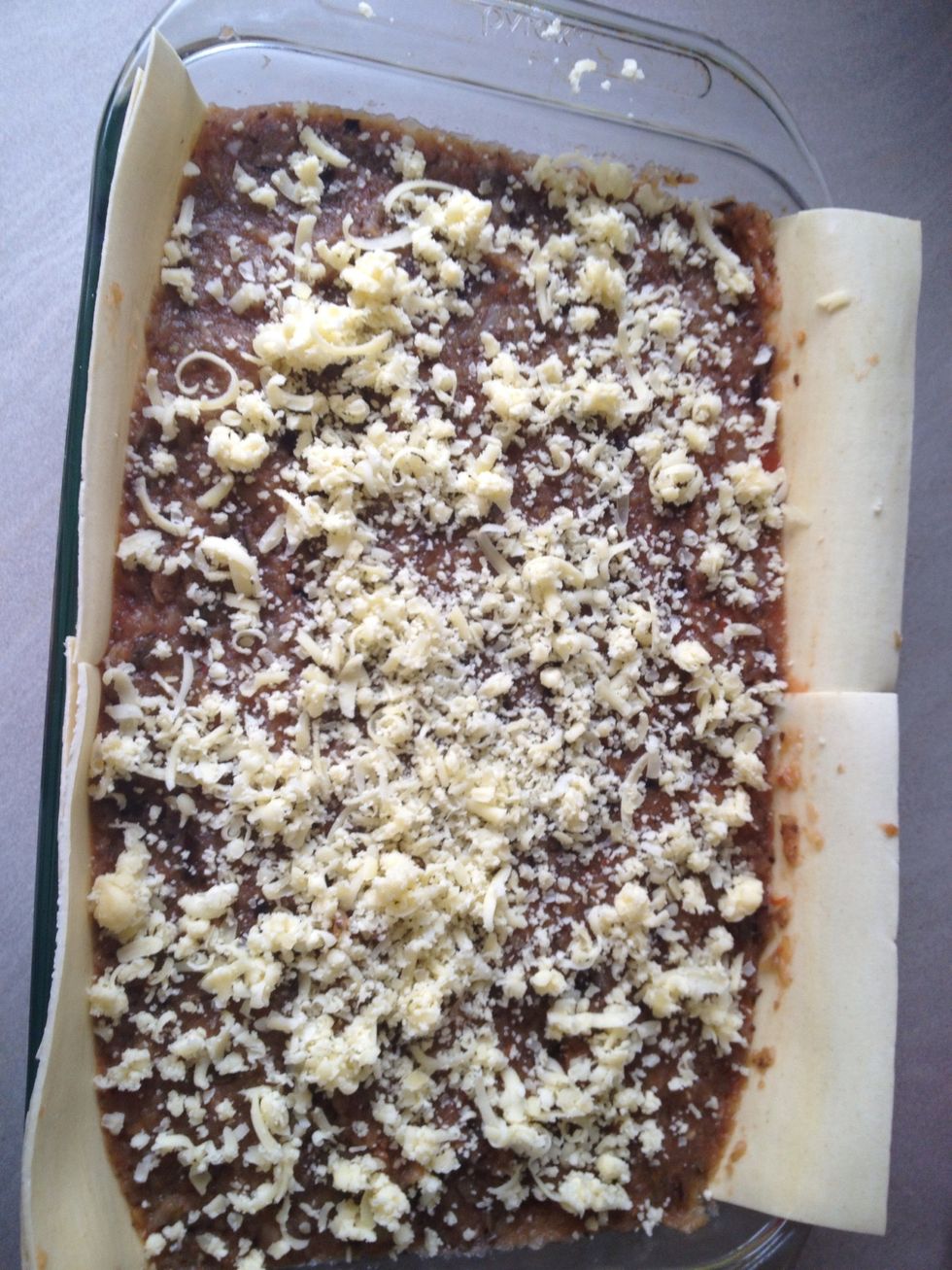 Arrange lasagna sheets, eggplant mix, grated cheese in layers till gone (Don't forget EXTRA CHEESE ON TOP!)