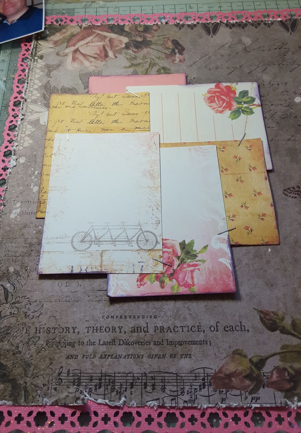 Arrange the 6 journal cards in an arrangement that fits around your photo. I secured mine with a few staples. I inked the edges with Distress Ink Dusty Concord & Walnut Stain.