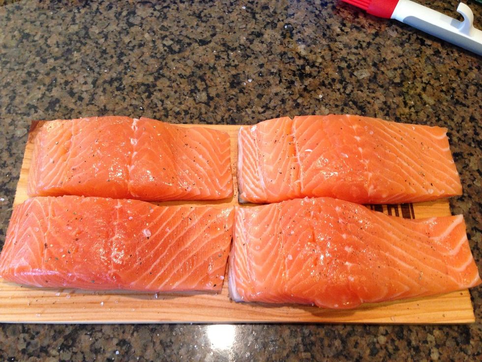 Arrange the filets on the cedar plank anyway you like and sprinkle with sea salt and ground pepper.