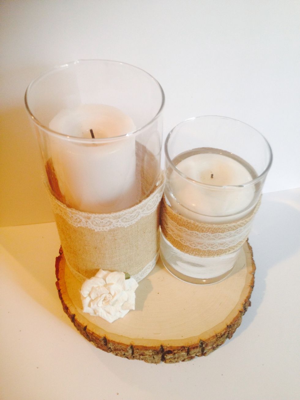 Arrange the finished 12 inch and 8 inch votives onto the wooden slab and add your candles.