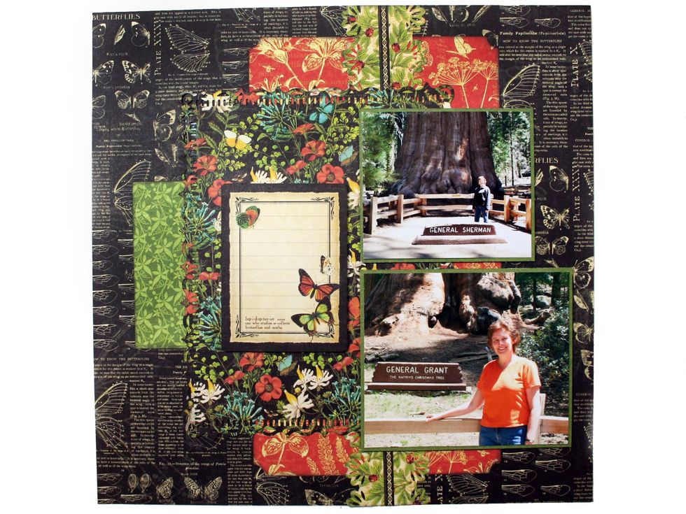 Arrange the photos & journal card as shown.  We'll glue the photos & journal in the next step.  Glue the green scrap on the left as shown 1" from the left side & about 4" from the top.