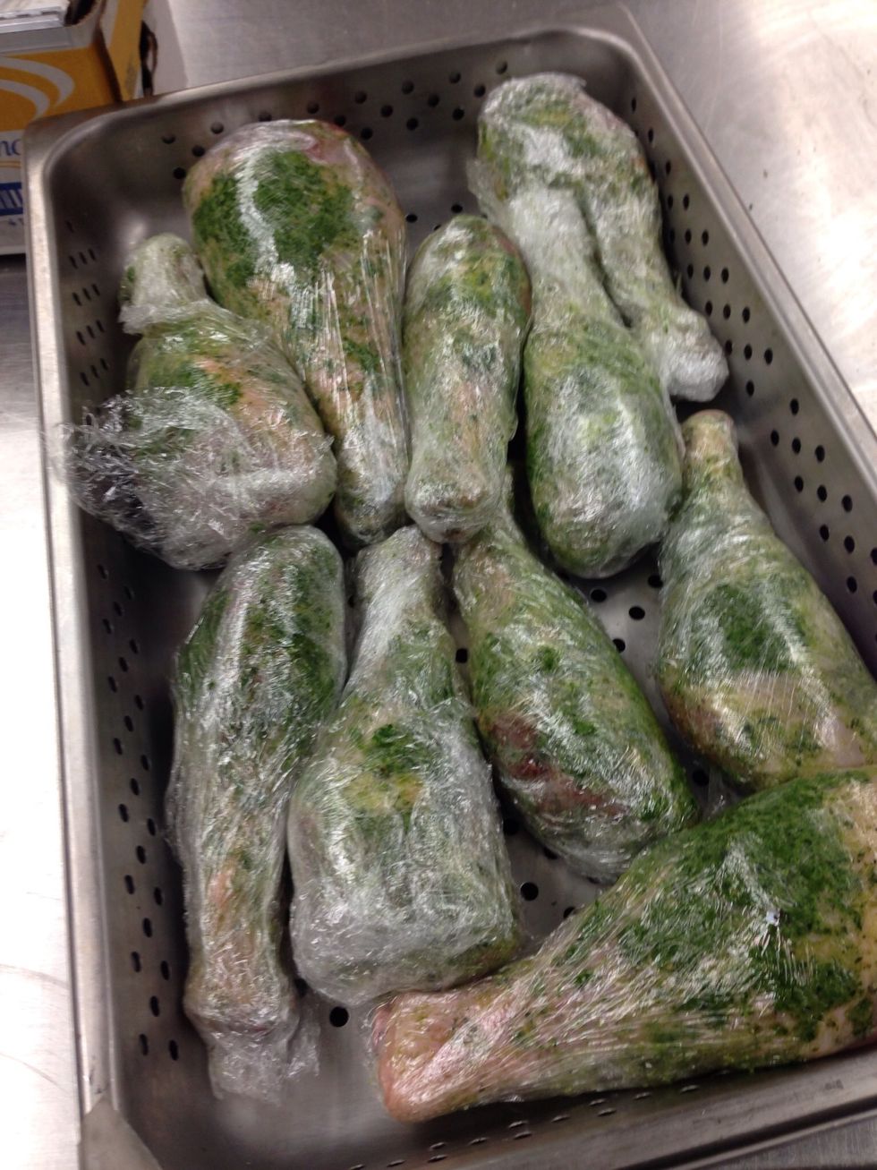 Arrange the turkey legs in a perf pan over another pan to collect the juices. Refrigerate overnight.