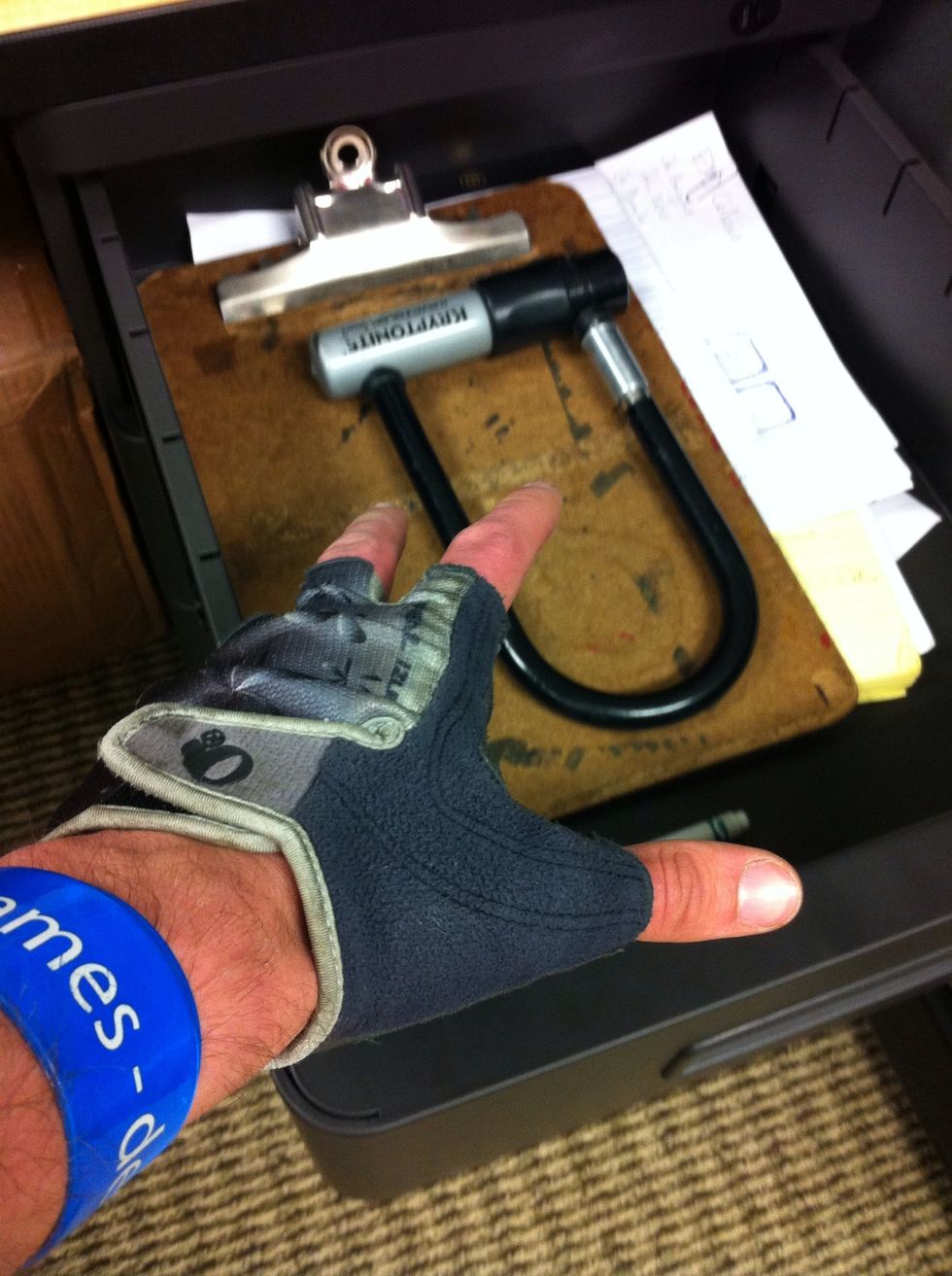 Arrive at work and grab u-lock from work desk.