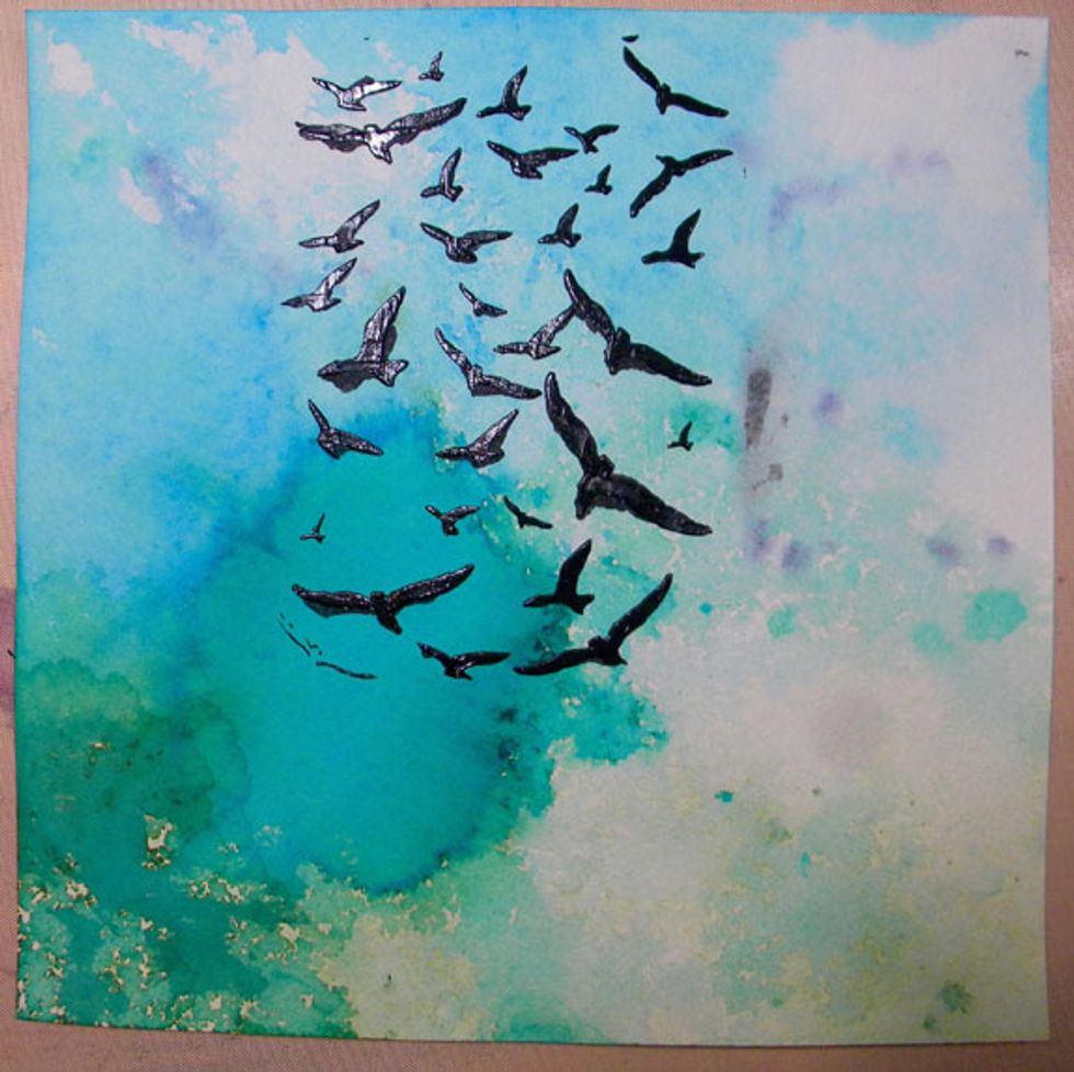 Art Anthology paints are the perfect consistancy to use with stencils. The birds are slightly raised when dry. I added a few more to the right after I let these dry.