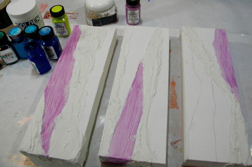 Art Anthology Stucco is a very textural medium.  Apply a thick layer with a palette knife to the canvases.  Start filling in the pattern using the Velvet mediums, which have a matte finish.