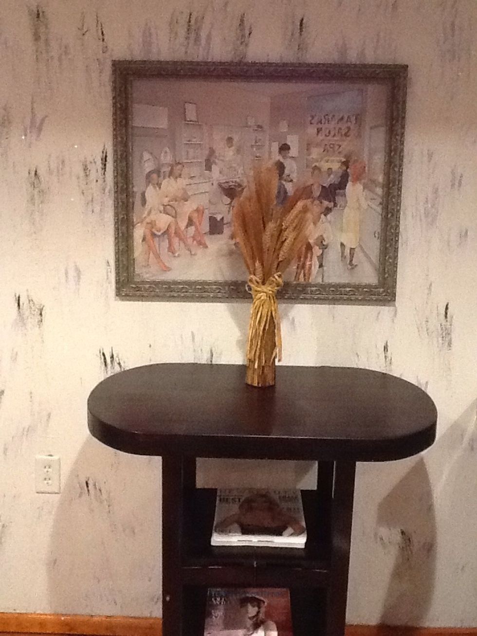 Art purchased at Marshall's or TJ Max for $12. Table deco....found in our kitchen. Therefore I'm sure it came from a garage sale.