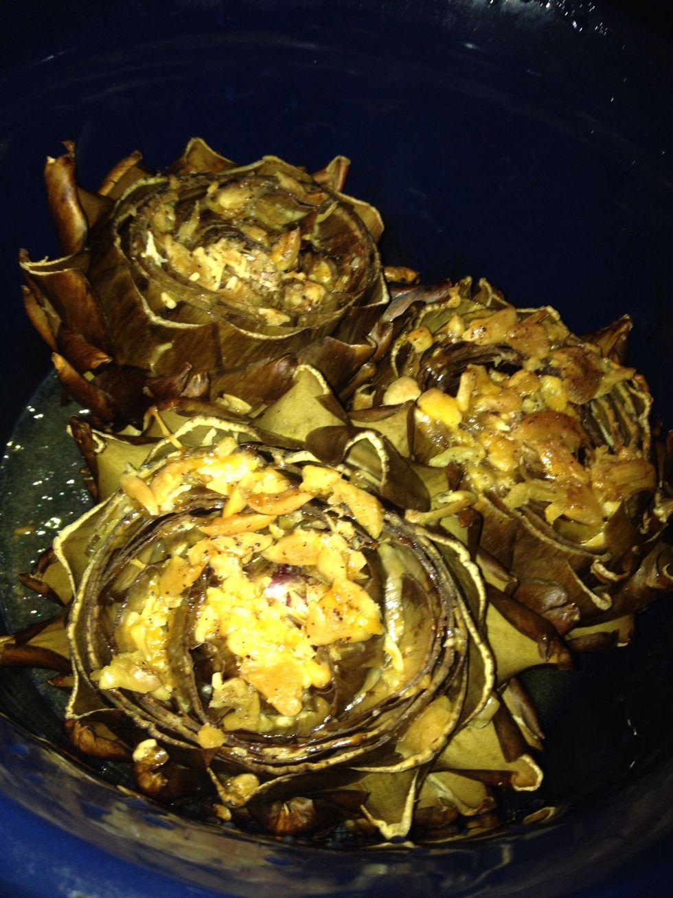 Artichokes are done when a fork will easily go into the stem.