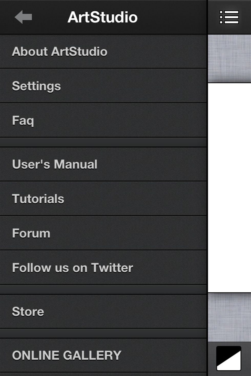 ArtStudio menu. You'll find lots of information in this menu. Including the app settings.