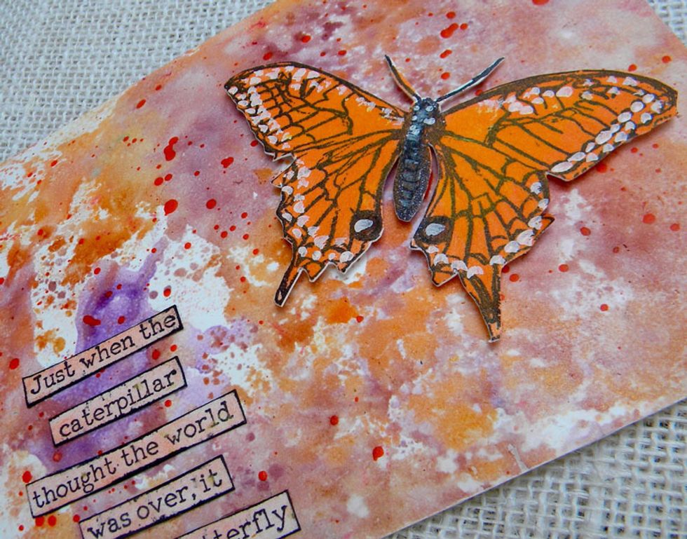 As a final step, splatter bright colors mixed diluted with water to add even more interest.