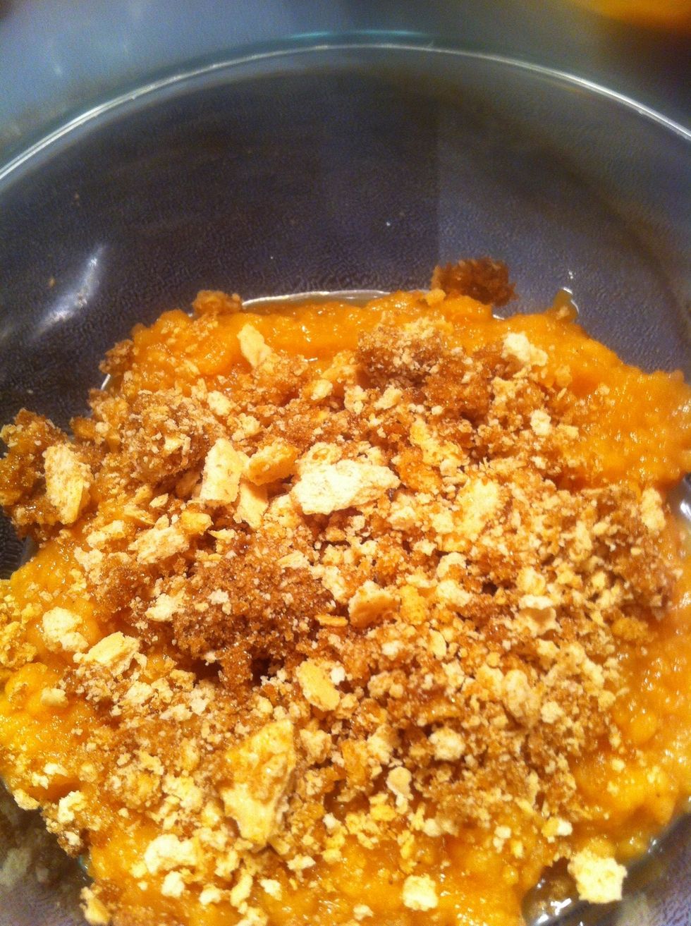 As a topping, mix together crushed crackers, brown sugar and remaining melted butter. Sprinkle over the potato mixture. Bake at 350 for 20-25 mins.