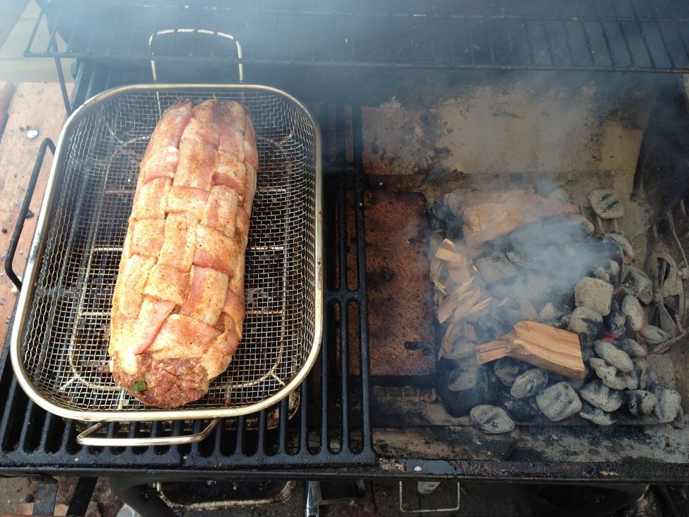 As always place it away from direct heat. Around 225 F is best but a little bit higher wont hurt.   The best wood to smoke this with will be apple wood and mesquite.  I'm using both.