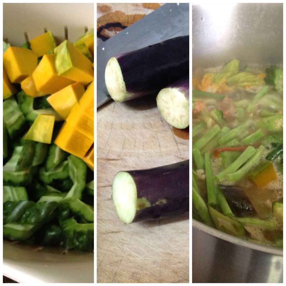 as broth heats, add pre-cut bitter gourd, okra, string beans and squash. add eggplant after 1 minute (tip \u2014 do not cut eggplant until the last minute to preserve color). boil and remove from heat.