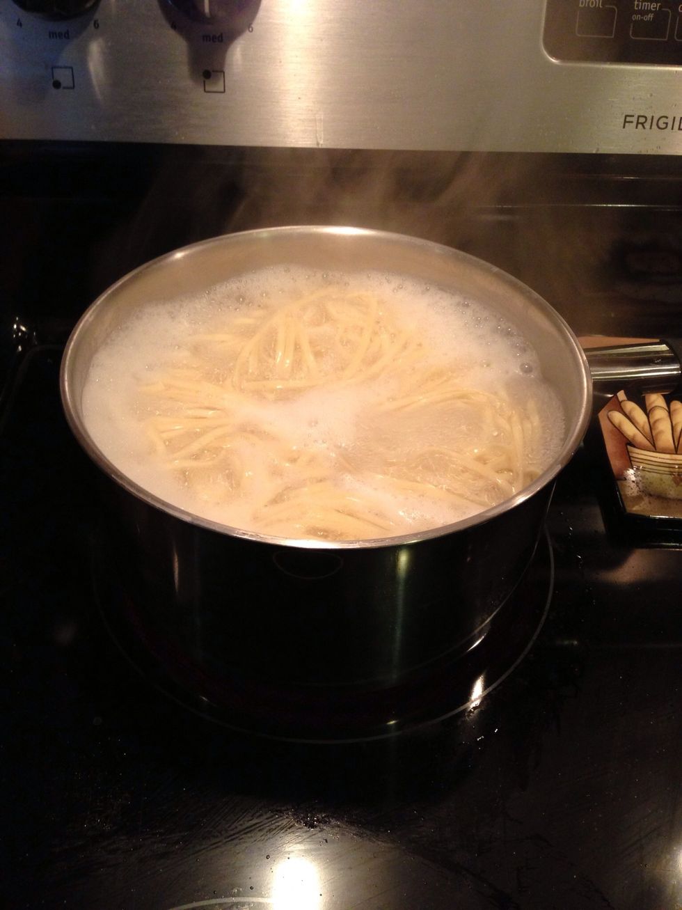 As for the linguine, cook as directed on package. I would suggest breaking up the noodles ahead of time because they have a tendency to clump together!