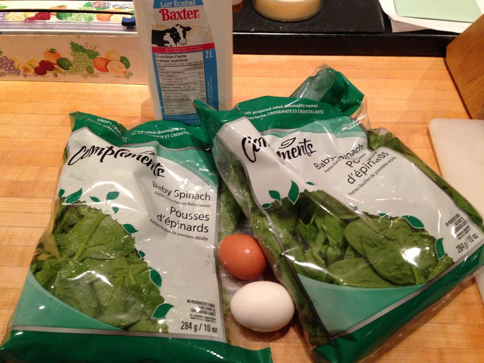 As much spinach as you wish, 1 or 2 eggs (or 3 if you wish), and any type and amount of milk - very flexible. I used 2 big bags of spinach, 2 eggs, and 1/2 cup milk.