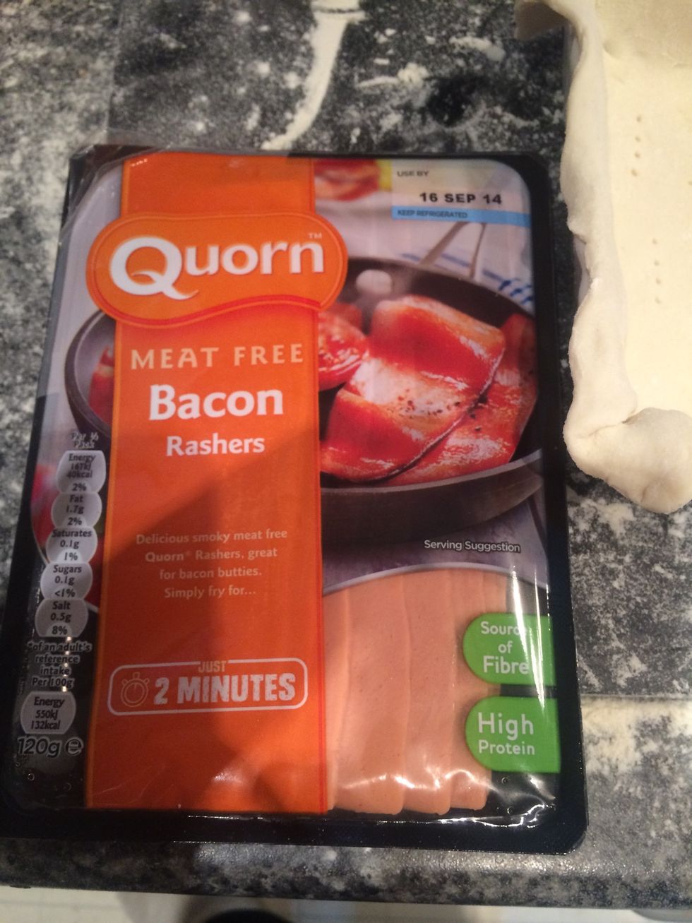 As my fianc\u00e9 is a vegetarian, I'm using Quorn bacon instead of the real thing. You can also use quorn sausages, but I kinda forgot to buy them.. Ssshhhh....