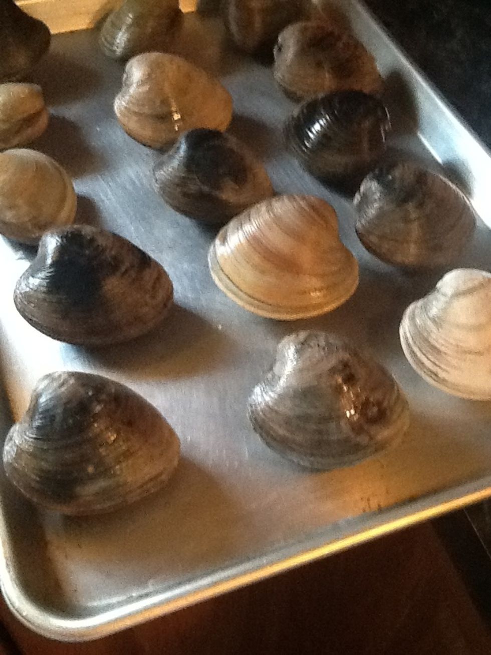 As soon as you clean them put them on a baking dish. Now to crack them open I like to cheat. It's so easy. Preheat your oven to 450f. Put the clams in for 5 minutes. Voila a slightly cracked clam