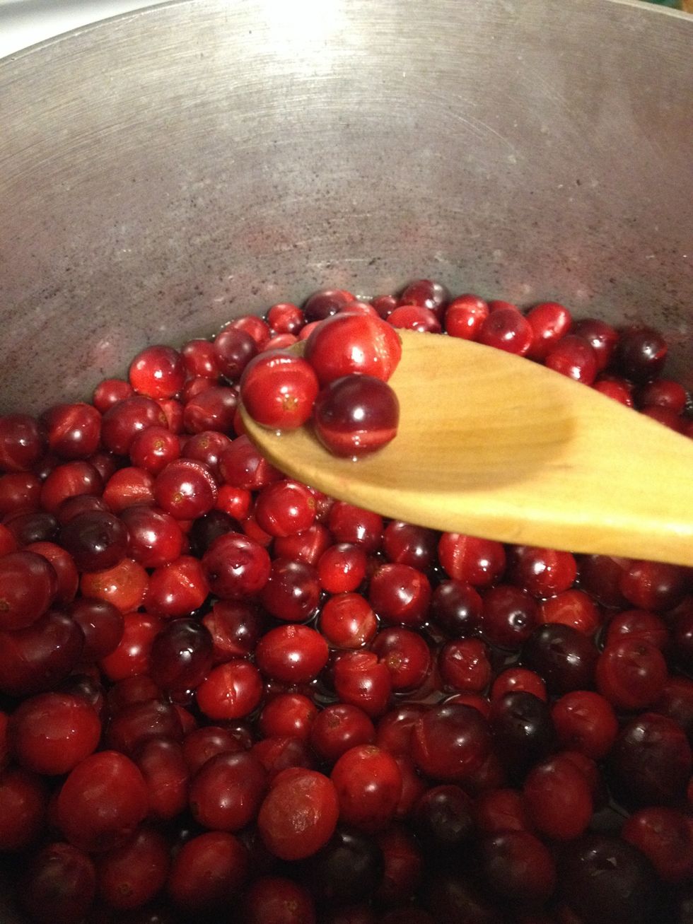 As the cranberries heat up, their skins will break open.