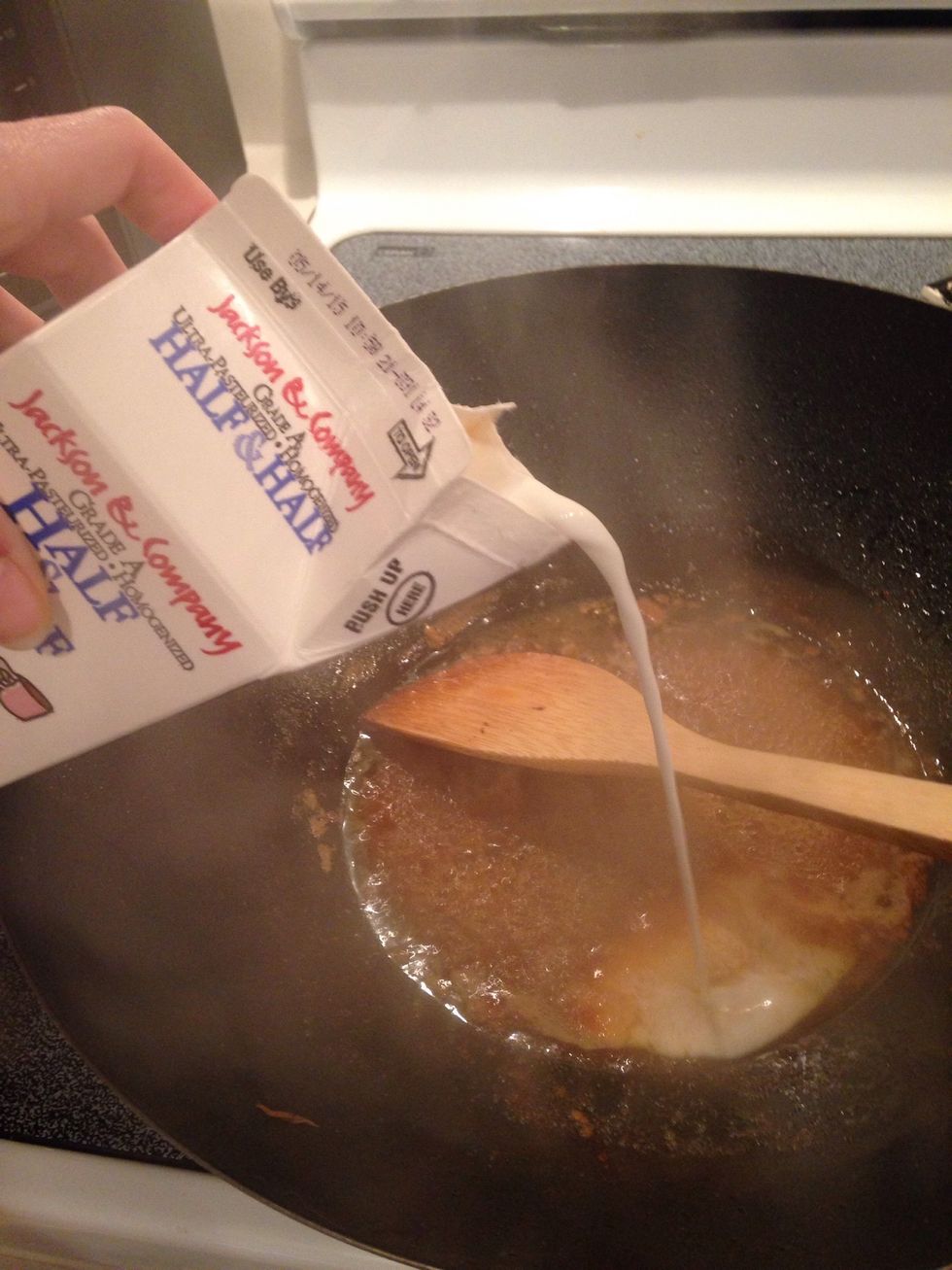 As the liquid starts to bubble and cook down, add half and half. *Note- my measurements are estimates. I just poured until it looked right.