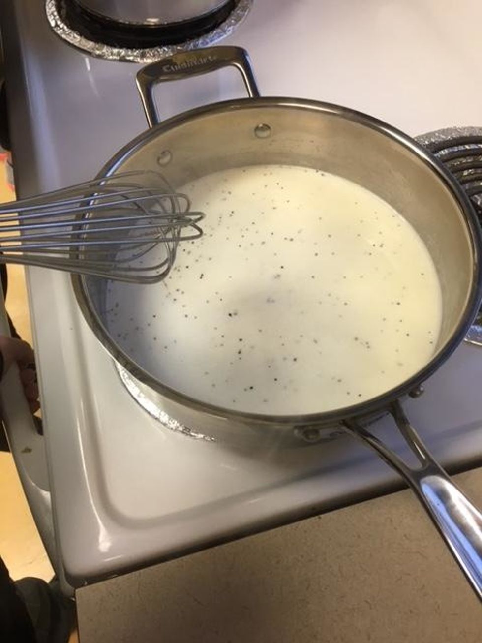 As the milk, flour, and butter are thickening add the salt (1/2 tsp) and pepper(1/4 tsp).